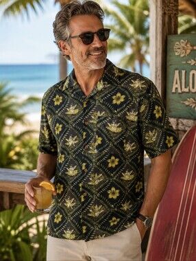 Calypso Joe 100% Silk Hawaiian Shirt Hula Girl Tropical Print Men’s L